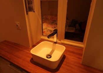Salle de bain, plan de travail en bambou,vasque Porcelanosa